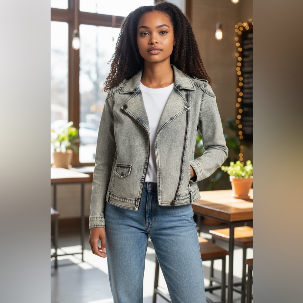 American Rag Denim Moto Jean Jacket L Women Zip Y2K Light Wash Biker Casual